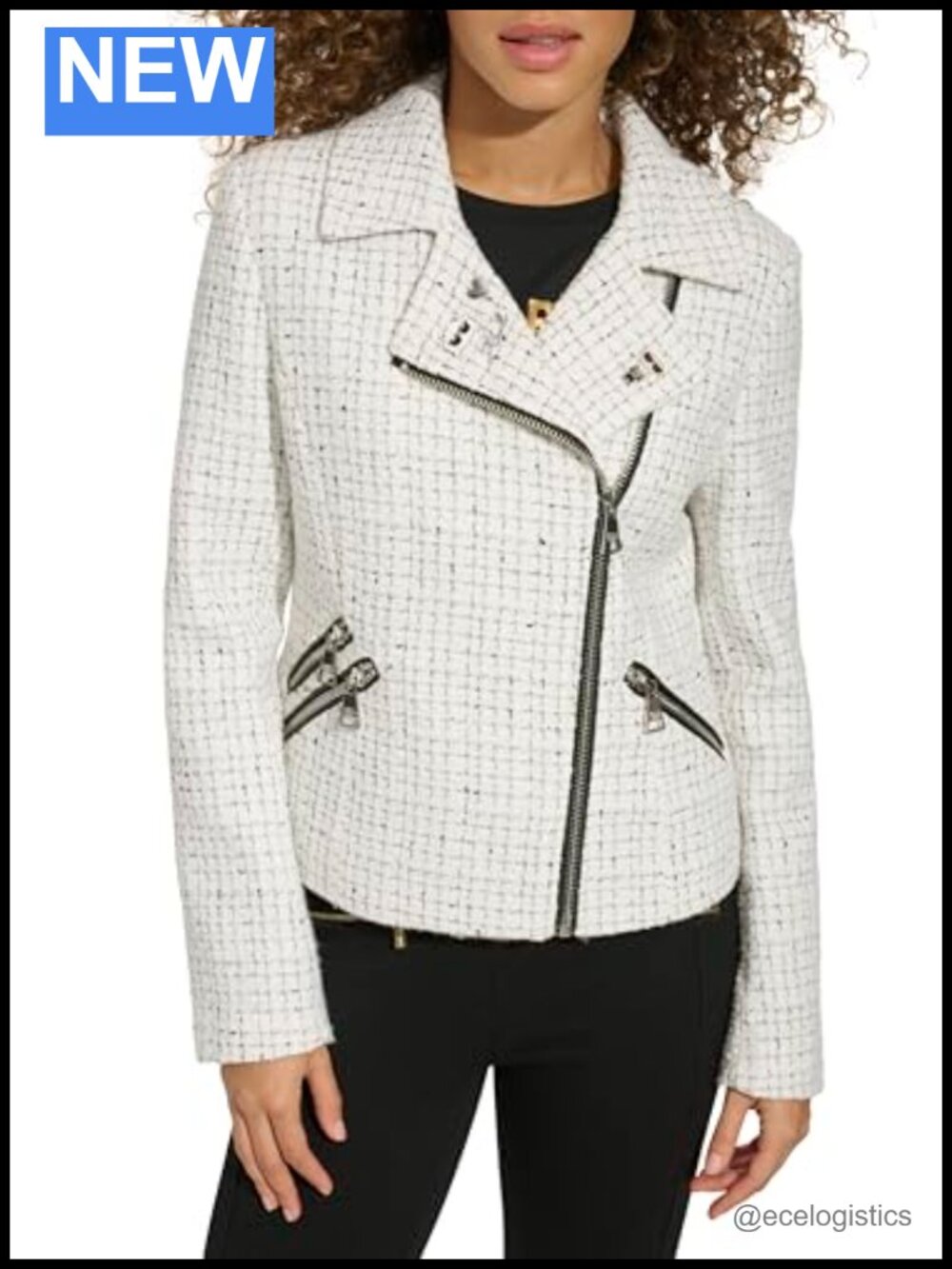 Tweed Moto Jacket with Logo Pins, Long Sleeve, Zip Closure